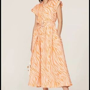 Derek Lam Collective Linen blend cross front cutout midi dress orange white M